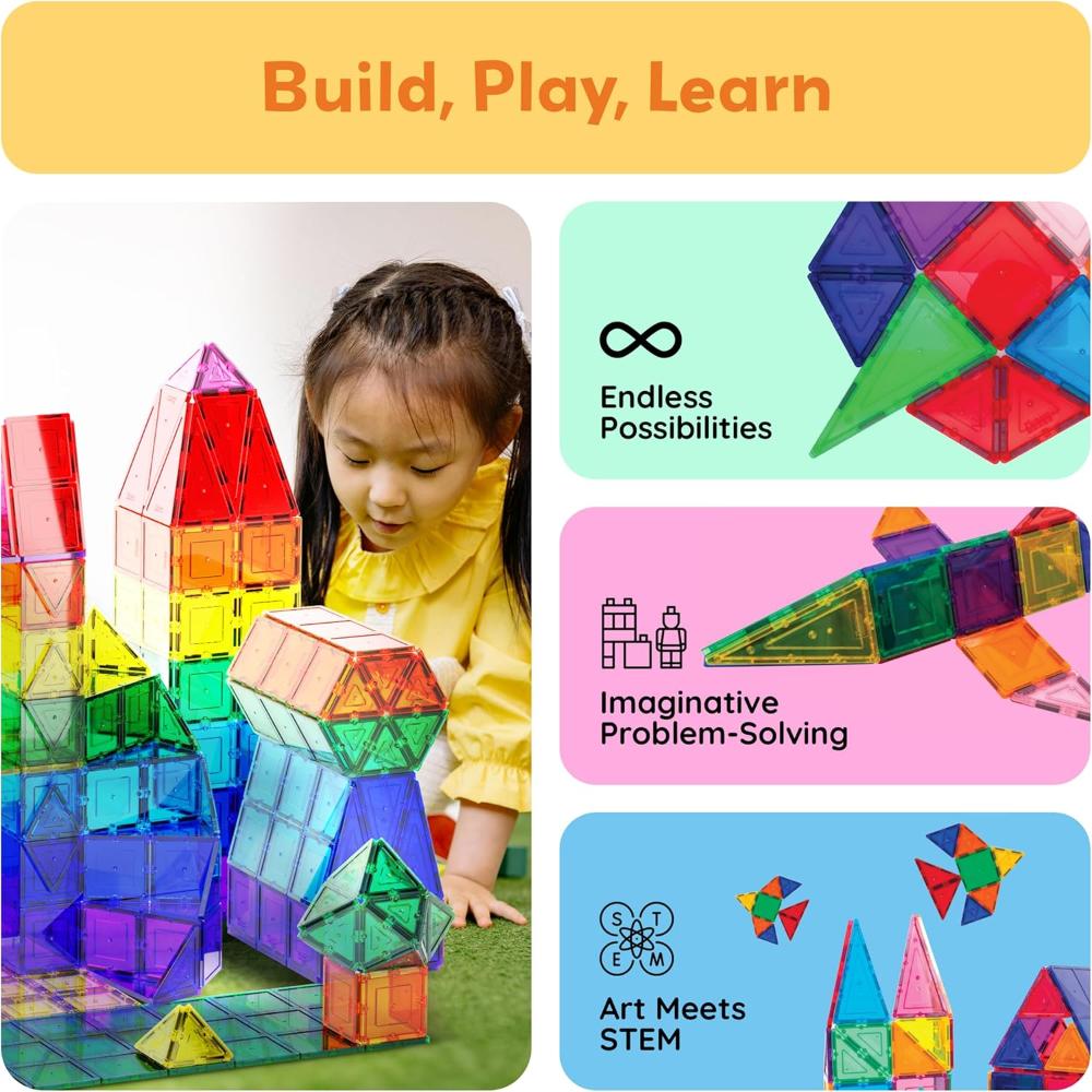Picasso Tiles Magnetic Tile Building Blocks Set - Multicolor - 60 Pcs