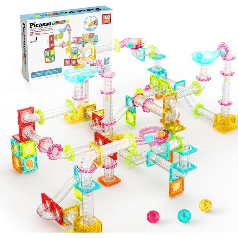 Picasso Tiles Travel Size Magnetic Marble Run With Launcher Playset - Multicolor - 100 Pcs