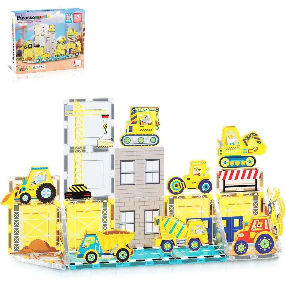 Picasso Tiles Magnetic Tiles Construction Set With 8 Vehicles - Multicolor - 26 Pcs