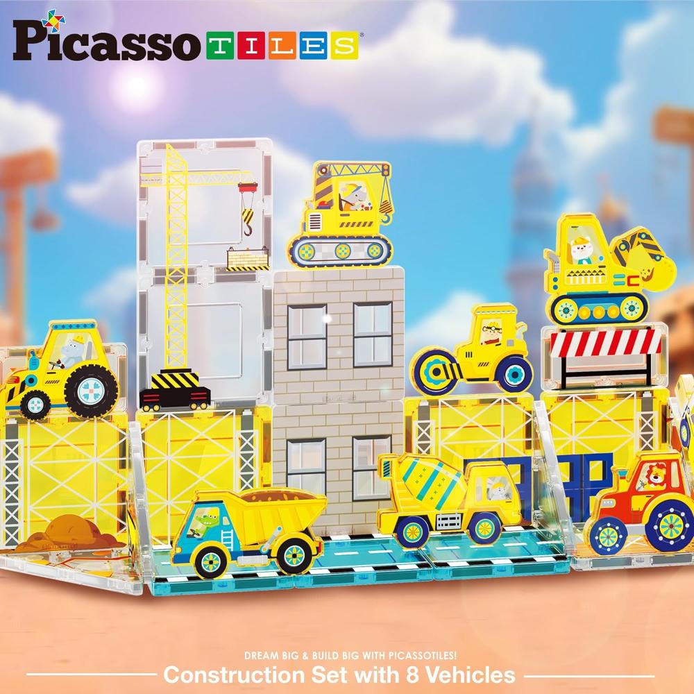 Picasso Tiles Magnetic Tiles Construction Set With 8 Vehicles - Multicolor - 26 Pcs
