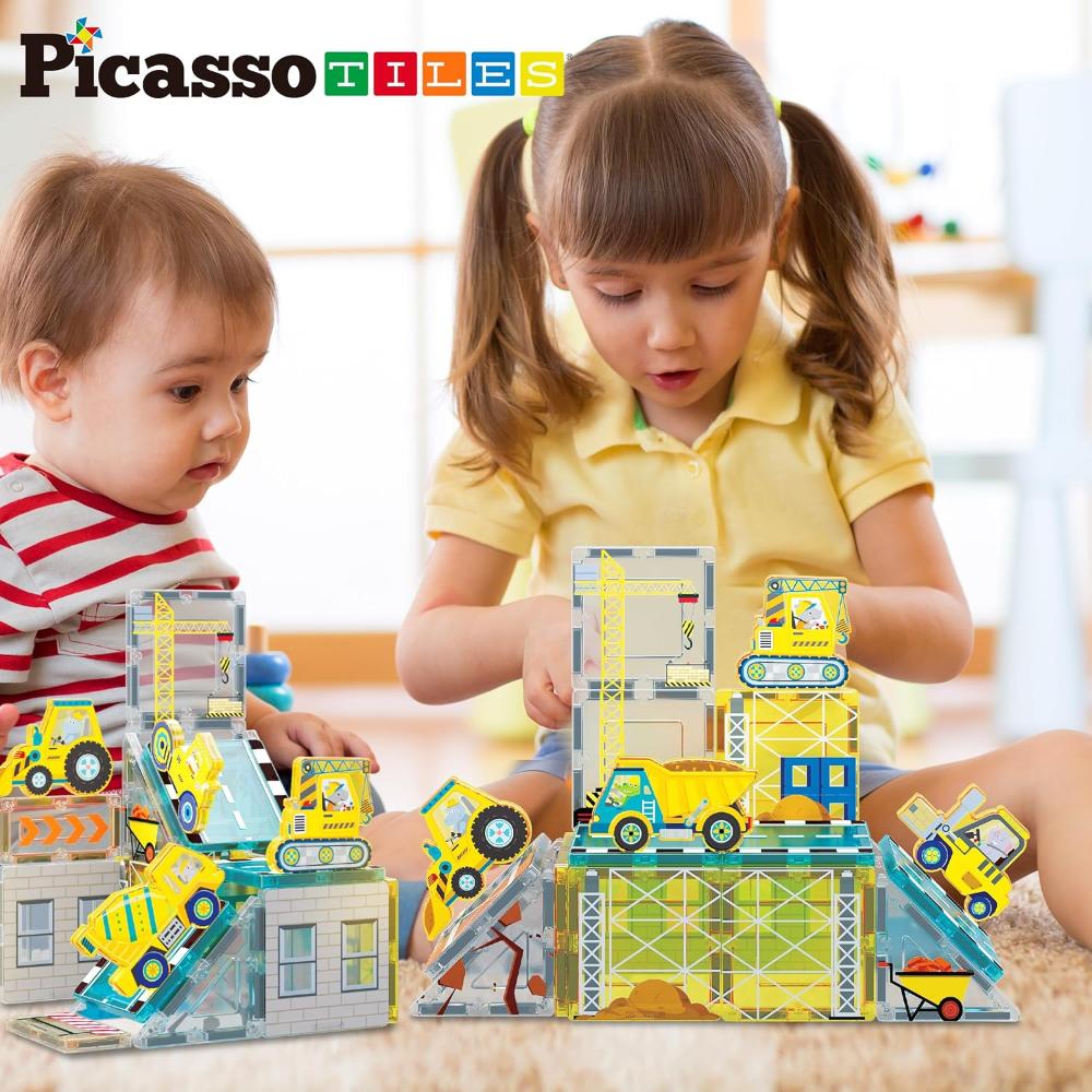 Picasso Tiles Magnetic Tiles Construction Set With 8 Vehicles - Multicolor - 26 Pcs