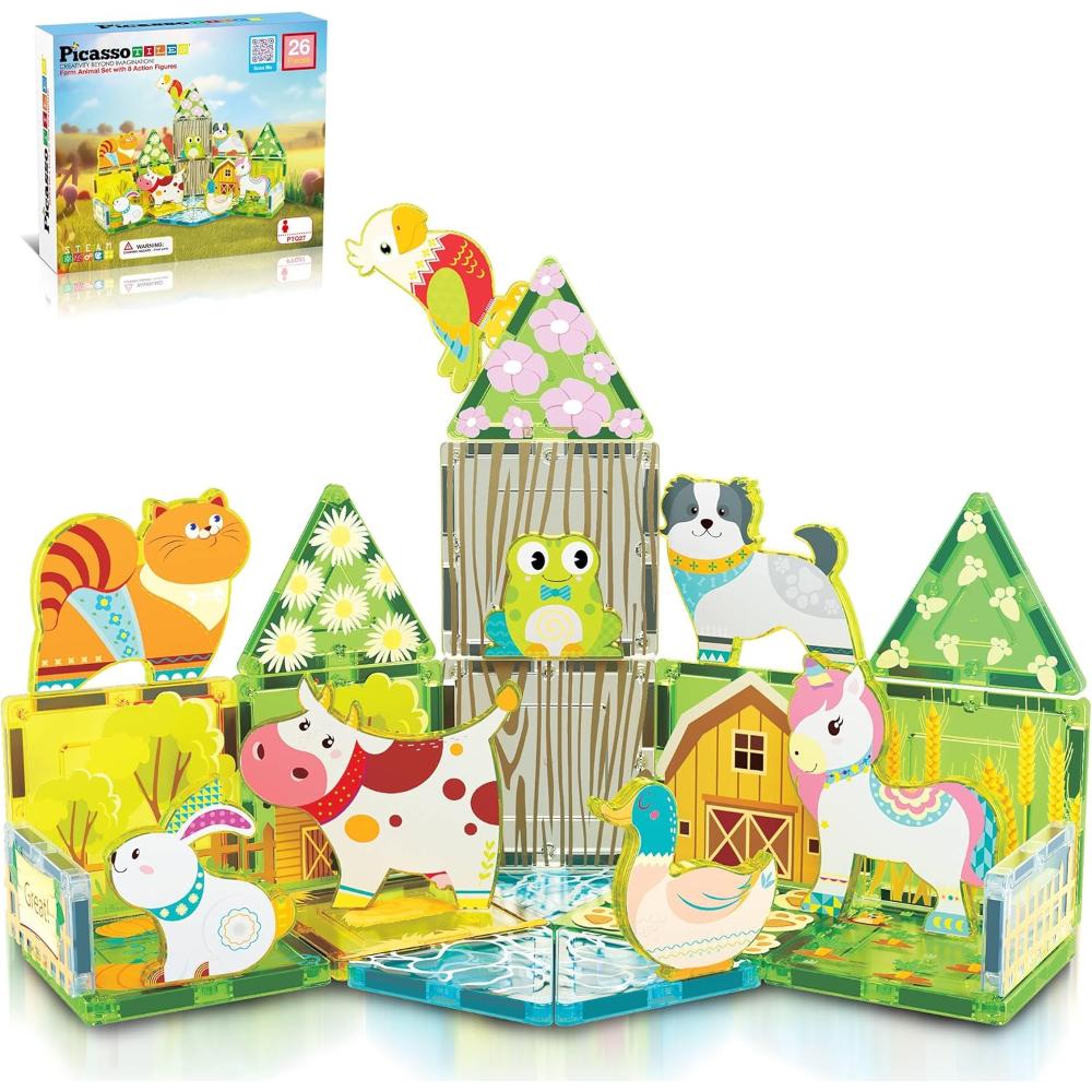 Picasso Tiles Magnetic Tiles Building Toy Set - Farm Animal - 26 Pcs