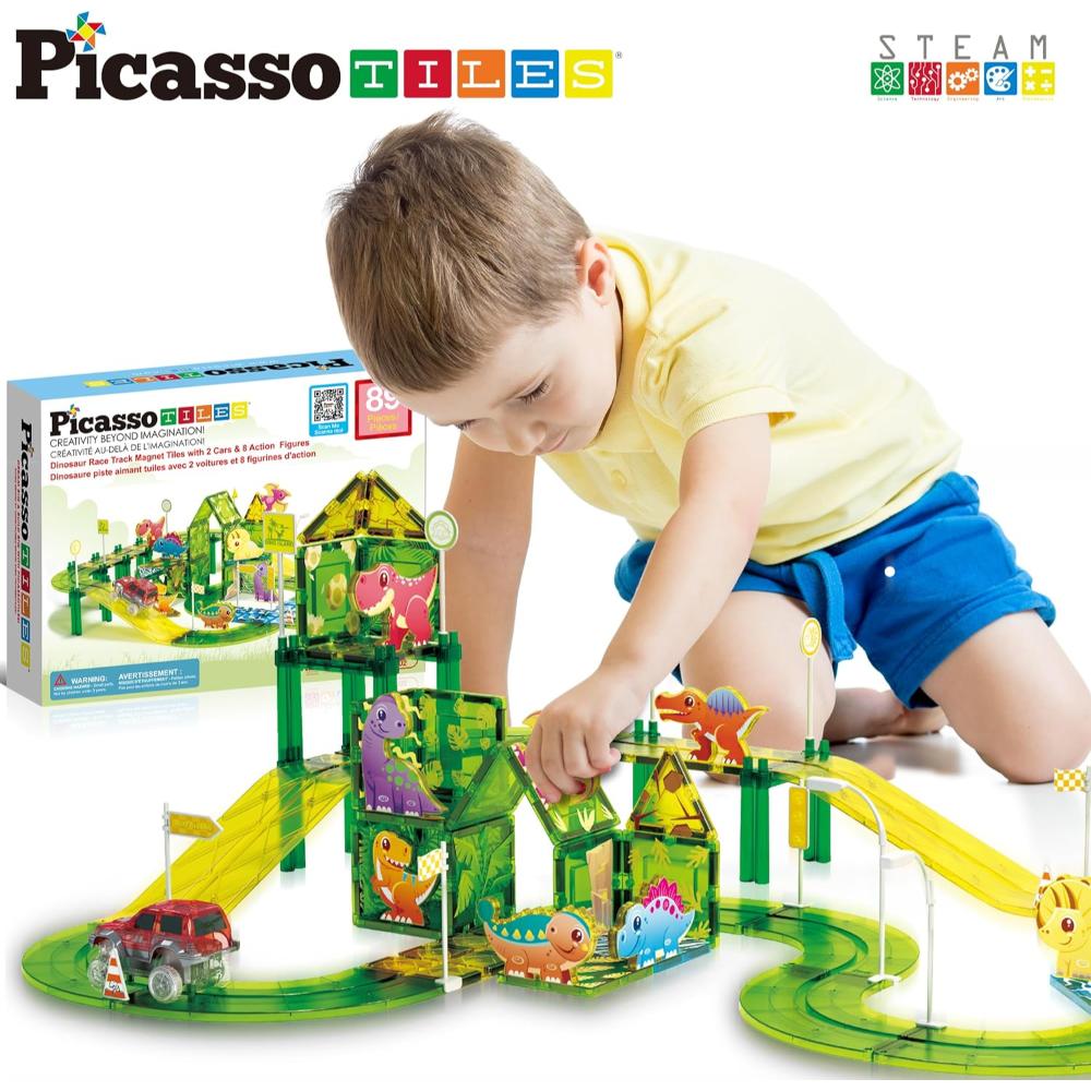 Picasso Tiles Dinosaur Race Track Magnetic Building Block Set - Multicolor - 89 Pcs