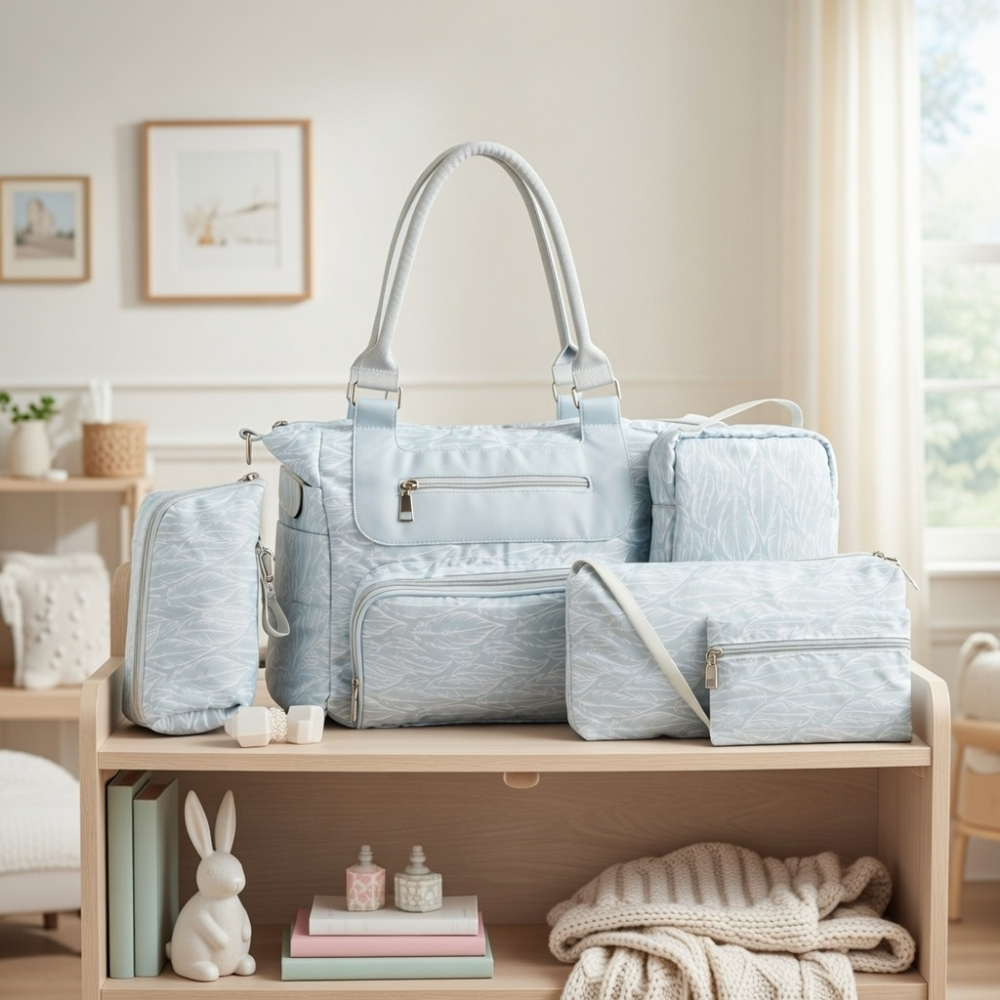 White & Grey- Diaper Bag 6 Pc-Set With Hooks – Feather