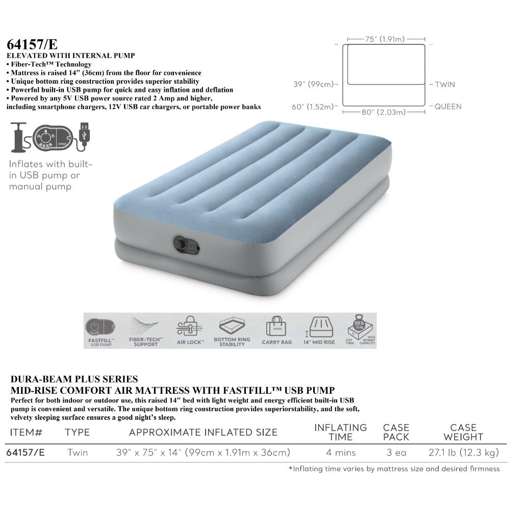 Intex - Dura-Beam Plus Mid-Rise Comfort Air Mattress with Fastfill USB Pump