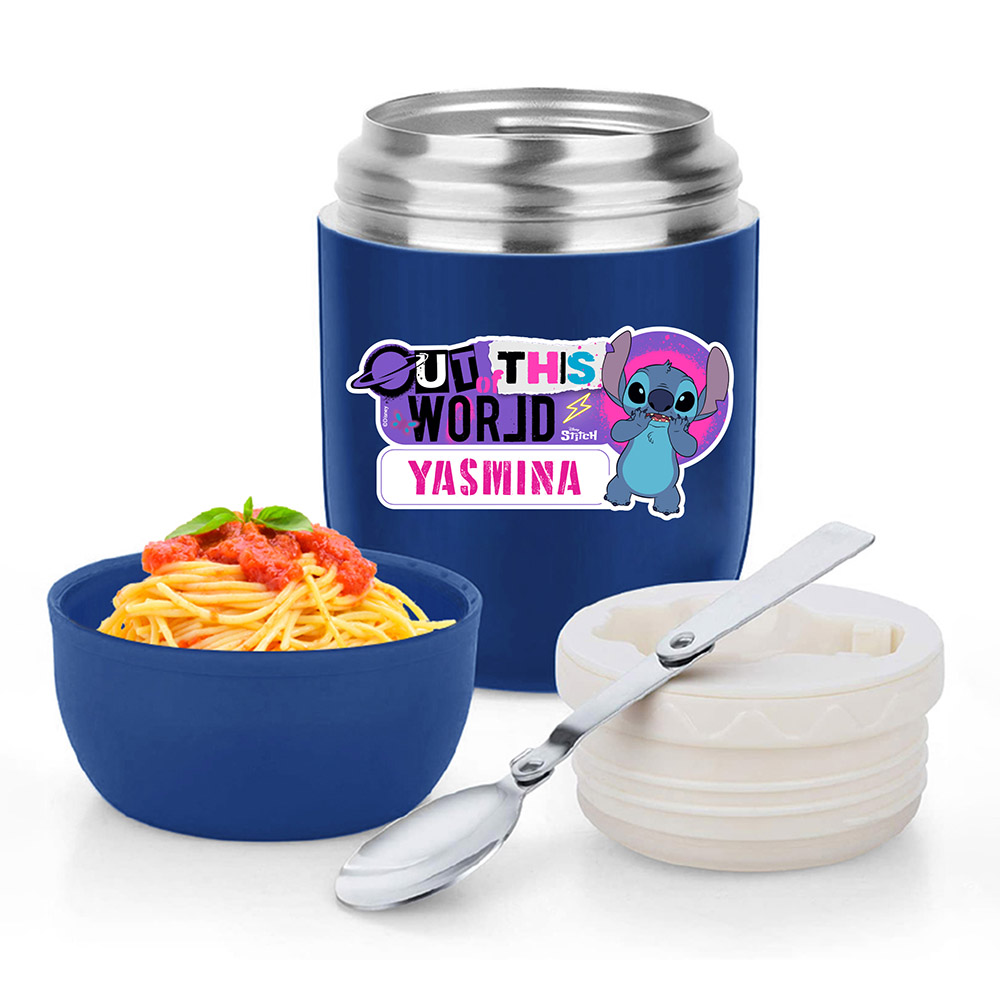 اسمك - حافظة طعام (ترمس) ديزني قابلة للتخصيص مع ملعقة - ستيتش - 475 مل - أزرق
