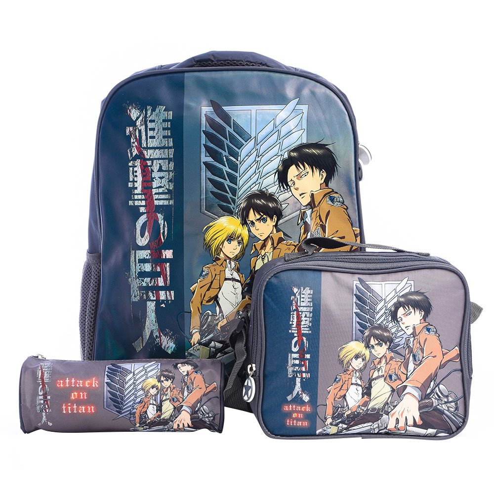 Hollywood Magic - Attack On Titan Pack Backpack With Lunch Bag And Pencil Case - Blue