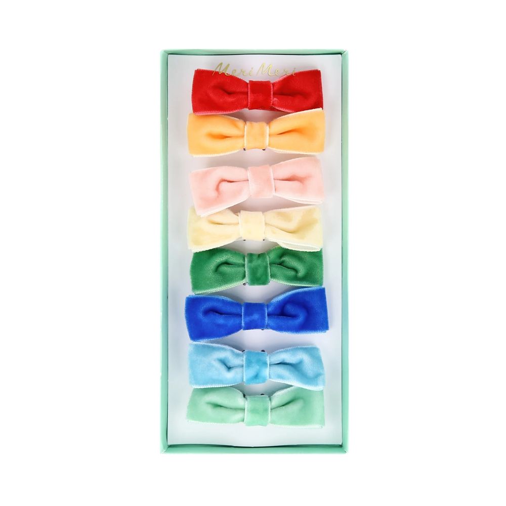 Meri Meri - Rainbow Velvet Bow Hair Clips - Multicolor - 8 Pcs