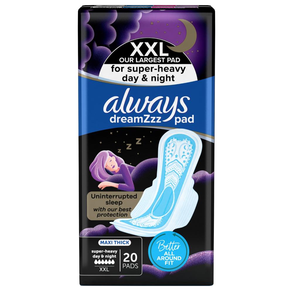 Always Dreamzz Pad Clean & Dry Maxi Thick, Night Long Sanitary Pads with Wings 20 Count