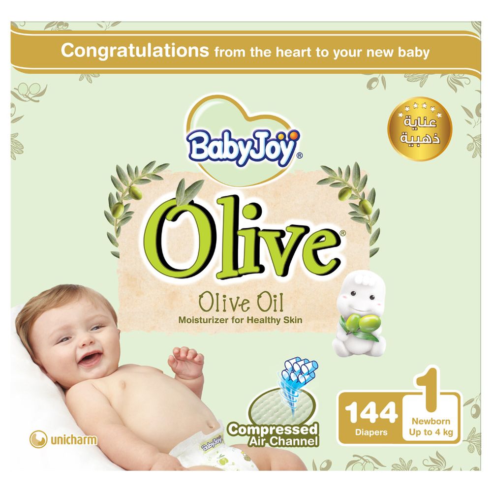بيبي جوي - حفاضات بزيت الزيتون - حجم 1 - حديث الولادة - 0-4 كلغ - كبيرة بوكس - 144 حفاض