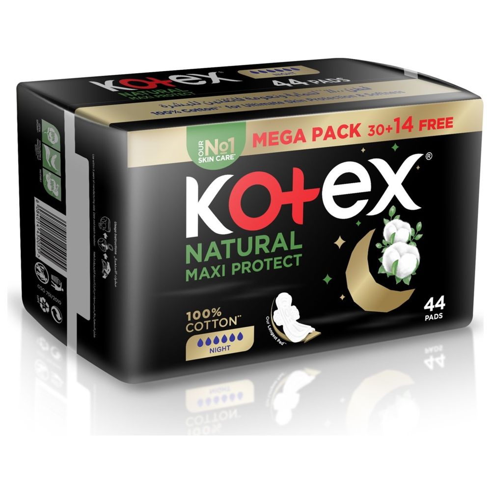 Kotex - Natural Maxi Protect Thick Pads, 100% Cotton Pad, Overnight Protection Sanitary Pads with Wings, 44 Sanitary Pads