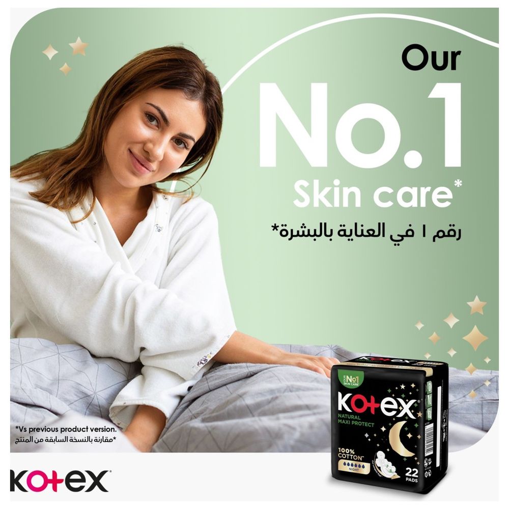 Kotex - Natural Maxi Protect Thick Pads, 100% Cotton Pad, Overnight Protection Sanitary Pads with Wings, 44 Sanitary Pads