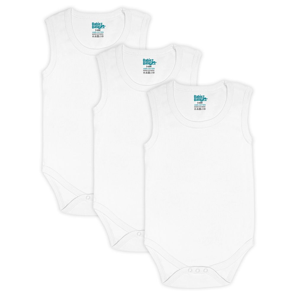 بيبيز بيسك - طقم تبان (بربتوز) قطني بدون أكمام - أبيض - 3 قطع