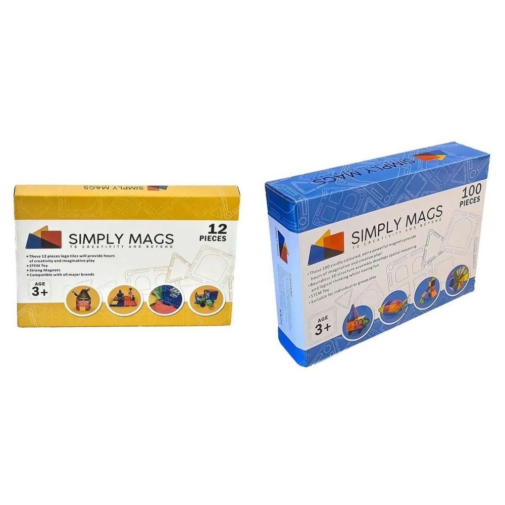 Simply Mags - Startup Magnetic Tiles - 100pcs With Magnetic Blocks - 12pcs