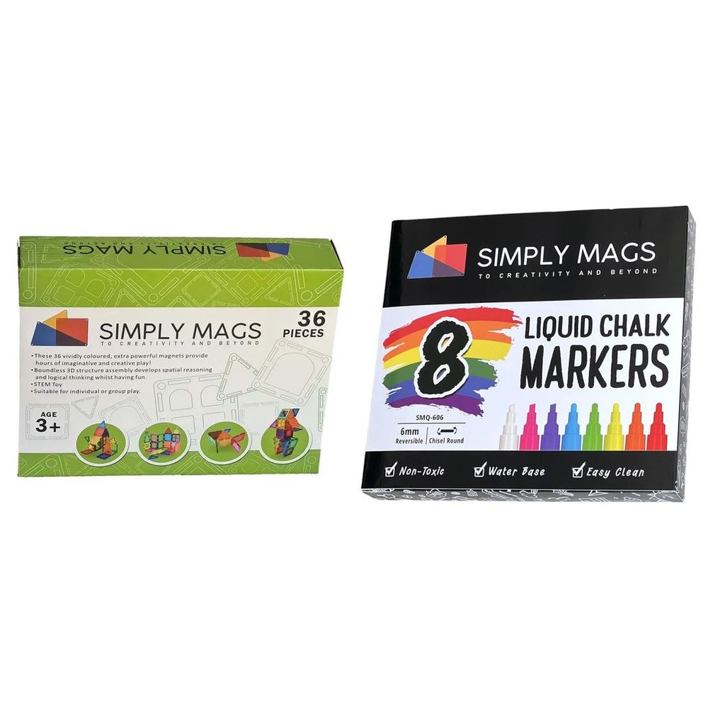 Simply Mags - Vivid Magnetic Tiles - 36pcs With Vibrant Chalk Markers - 8pcs