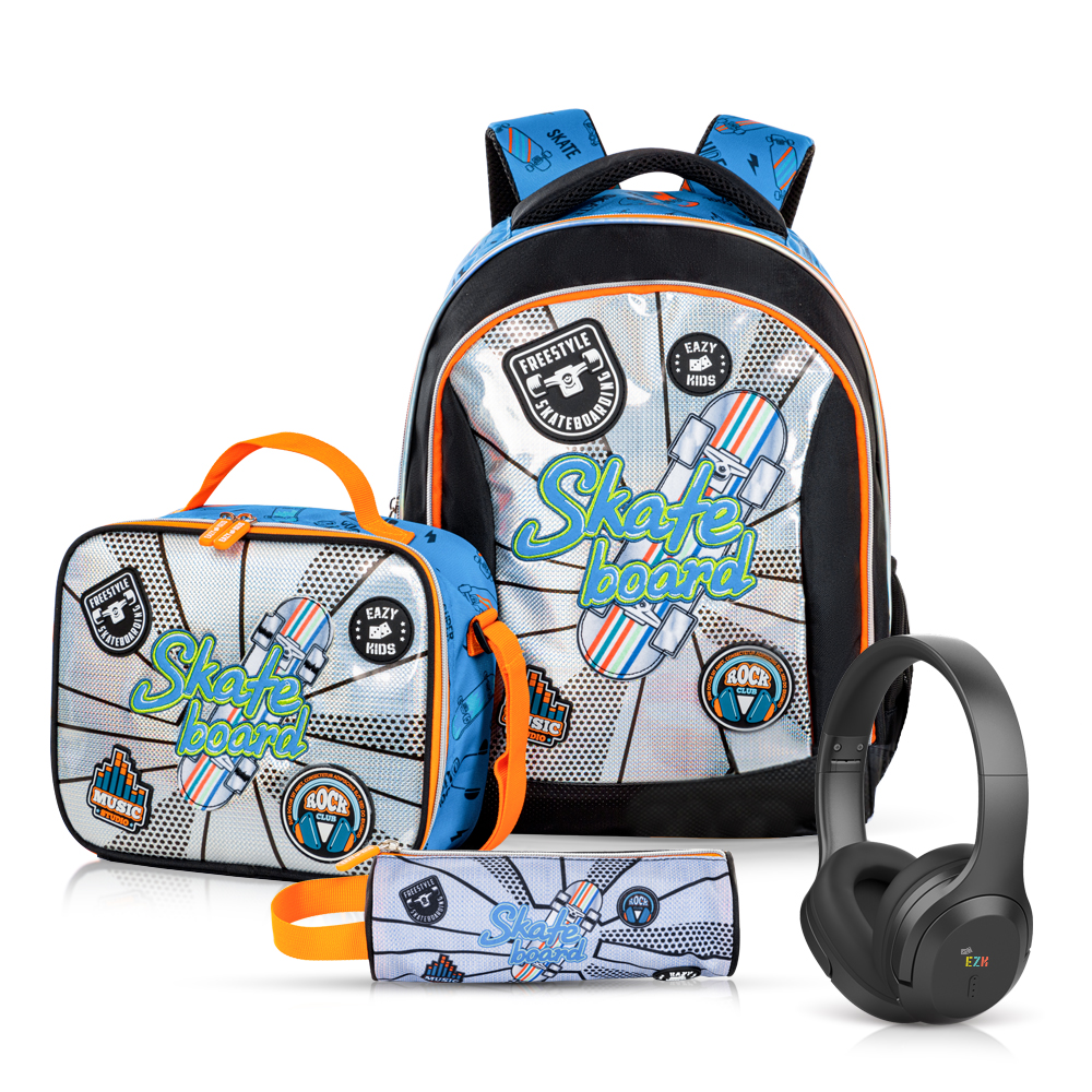 Eazy Kids - Boy's Backpack, Pencil Case & Lunch Bag With Headset Set - Skateboard - 4 Pcs