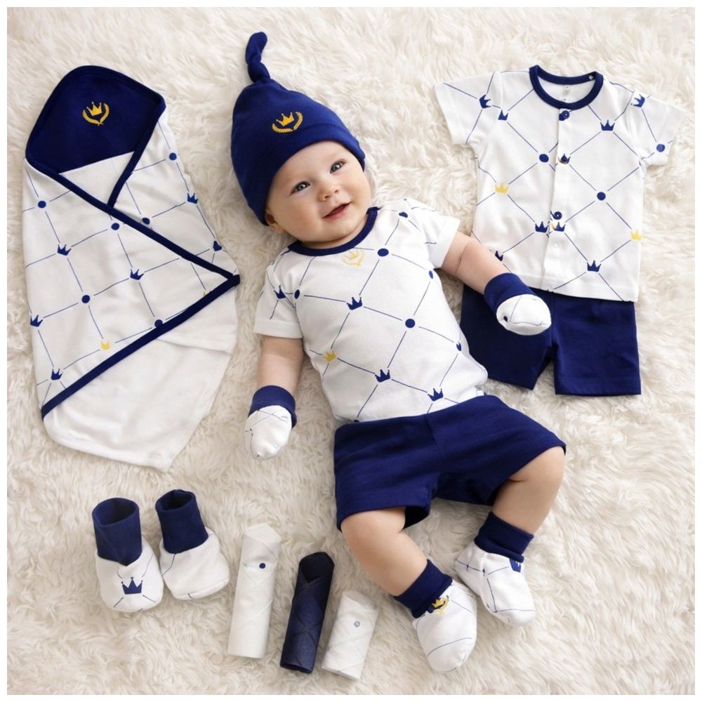 Tiny Toes - 100% Cotton Newborn Gift Set - Blue Crown - 8 Pcs