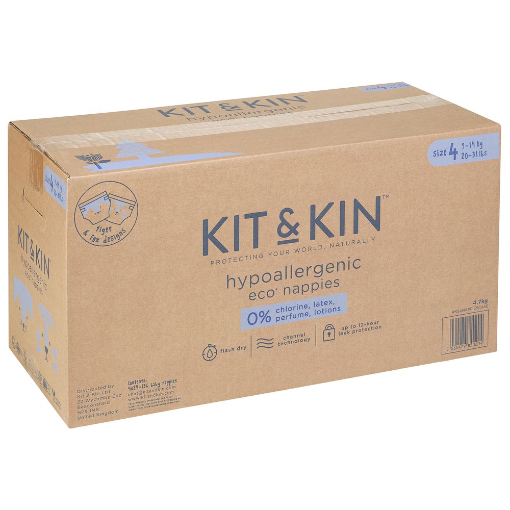Kit & Kin Eco Diapers Size 4 - Pack of 4 - 136 Diapers - 9-14kg