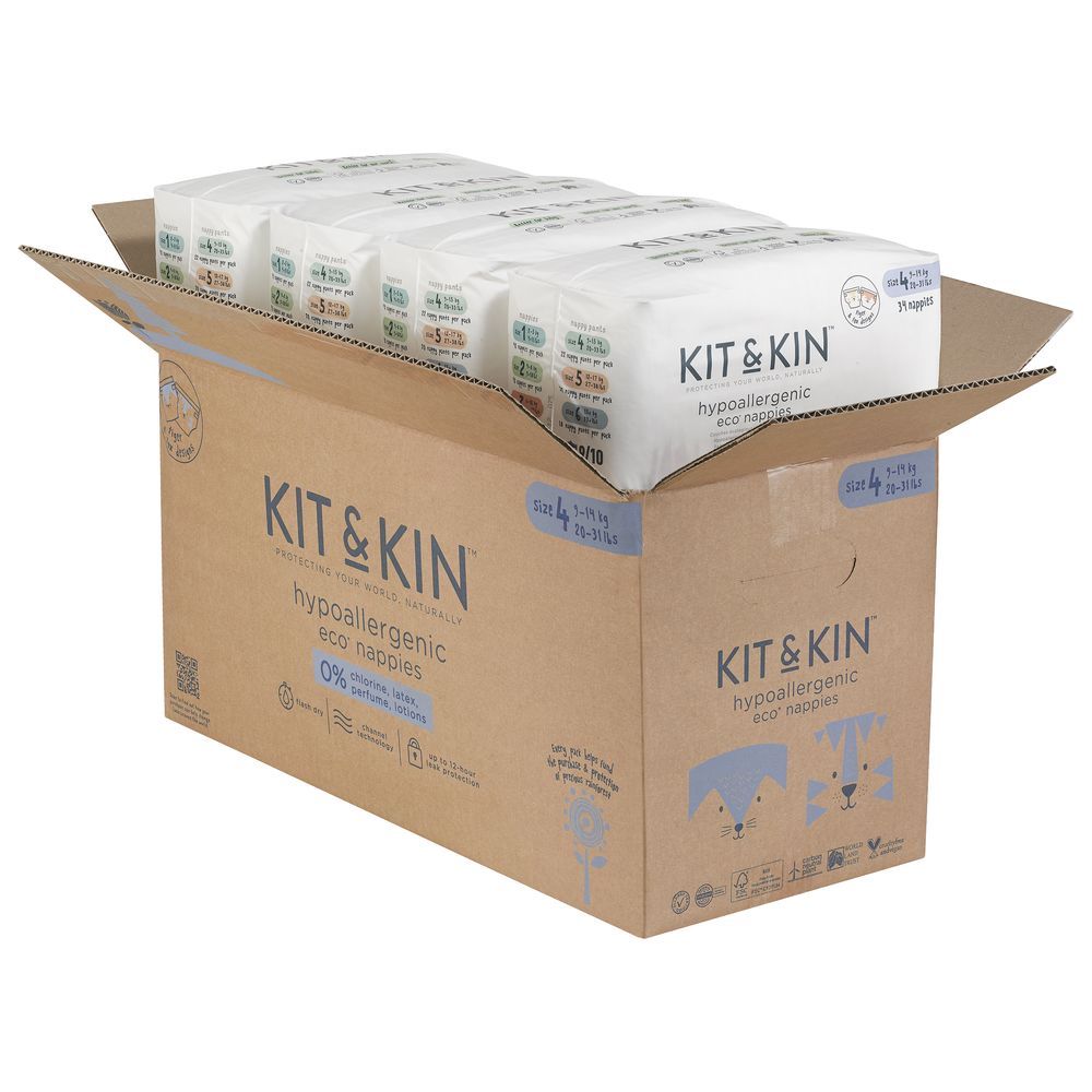 Kit & Kin Eco Diapers Size 4 - Pack of 4 - 136 Diapers - 9-14kg