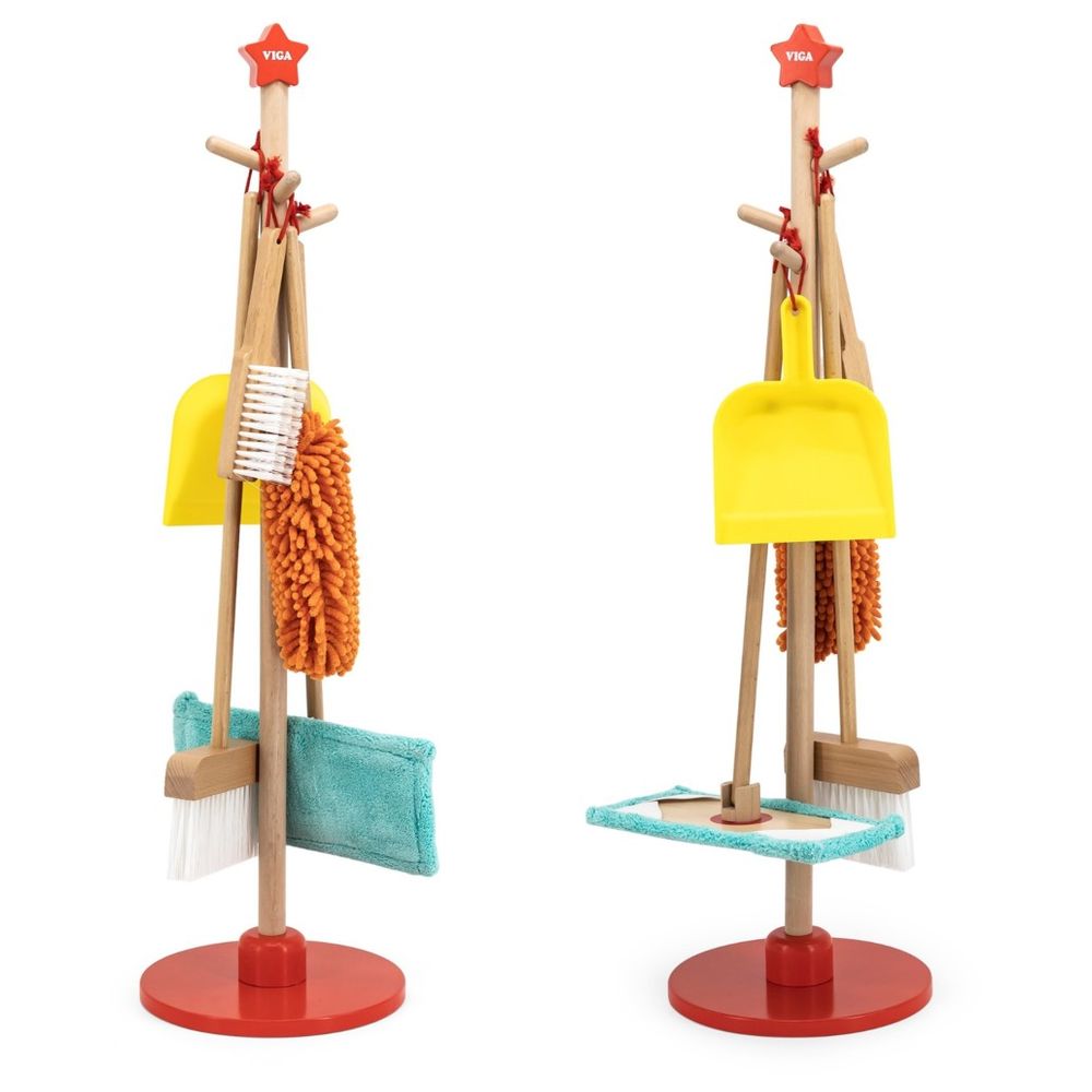 مجموعة أدوات تنظيف خشبية من فيجا - لعبة التظاهر بالتنظيف المنزلي: مكنسة، ممسحة، وحامل فرشاة