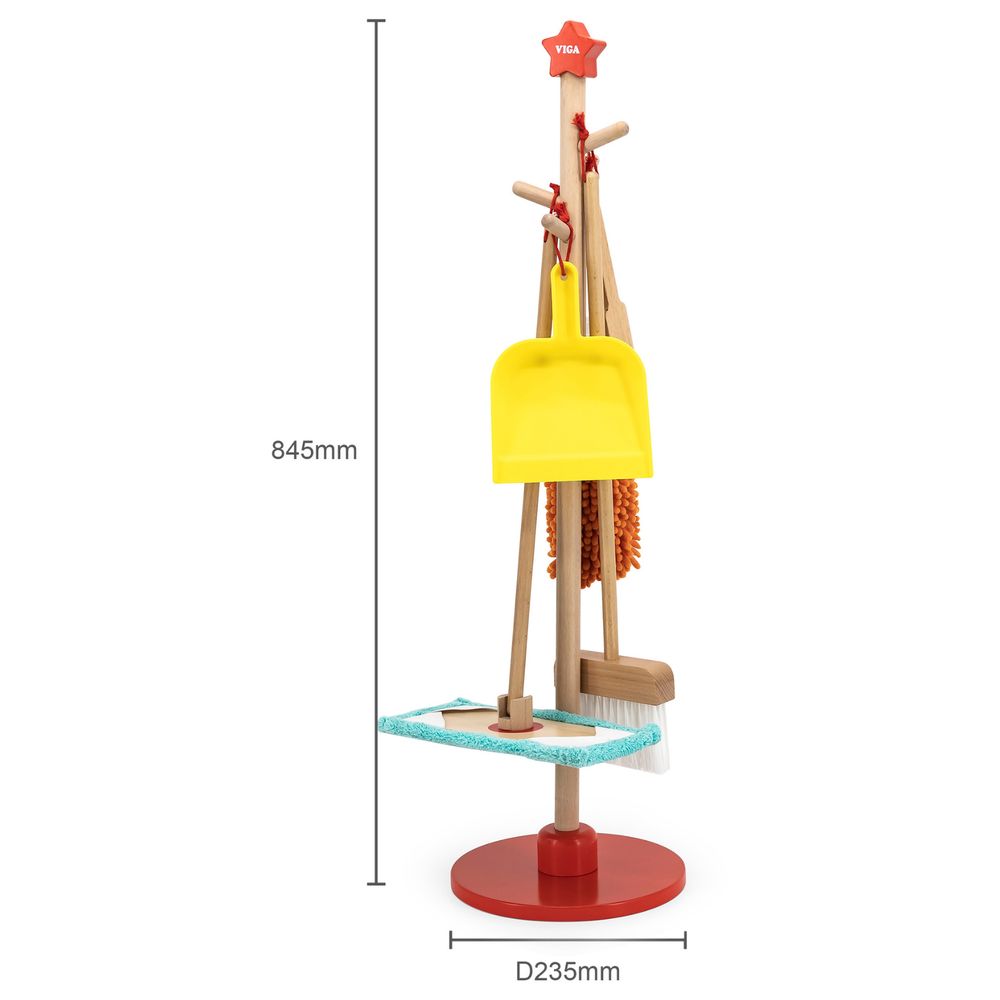 مجموعة أدوات تنظيف خشبية من فيجا - لعبة التظاهر بالتنظيف المنزلي: مكنسة، ممسحة، وحامل فرشاة
