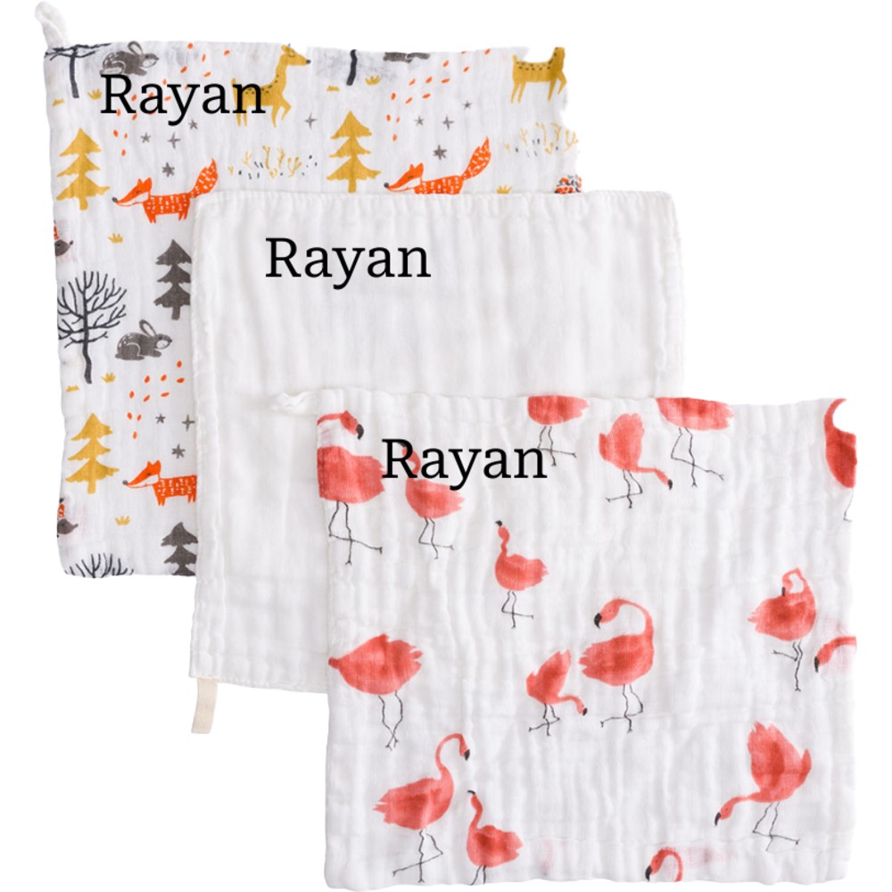 أنفي بيبي - طقم مناشف وجه مع منشفة تجشؤ ومنشفة قابلة للتخصيص - فلامنغو وثعلب