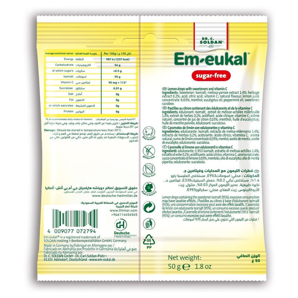 Em-eukal - Sugar Free Cough Drops Herbal Lozenges With Vitamin C 50g - Lemon