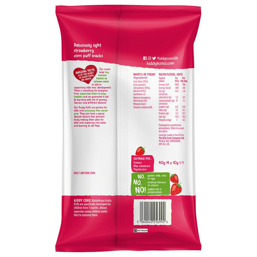 Kiddylicious Strawberry Fruity Puffs 4X10g Multipack