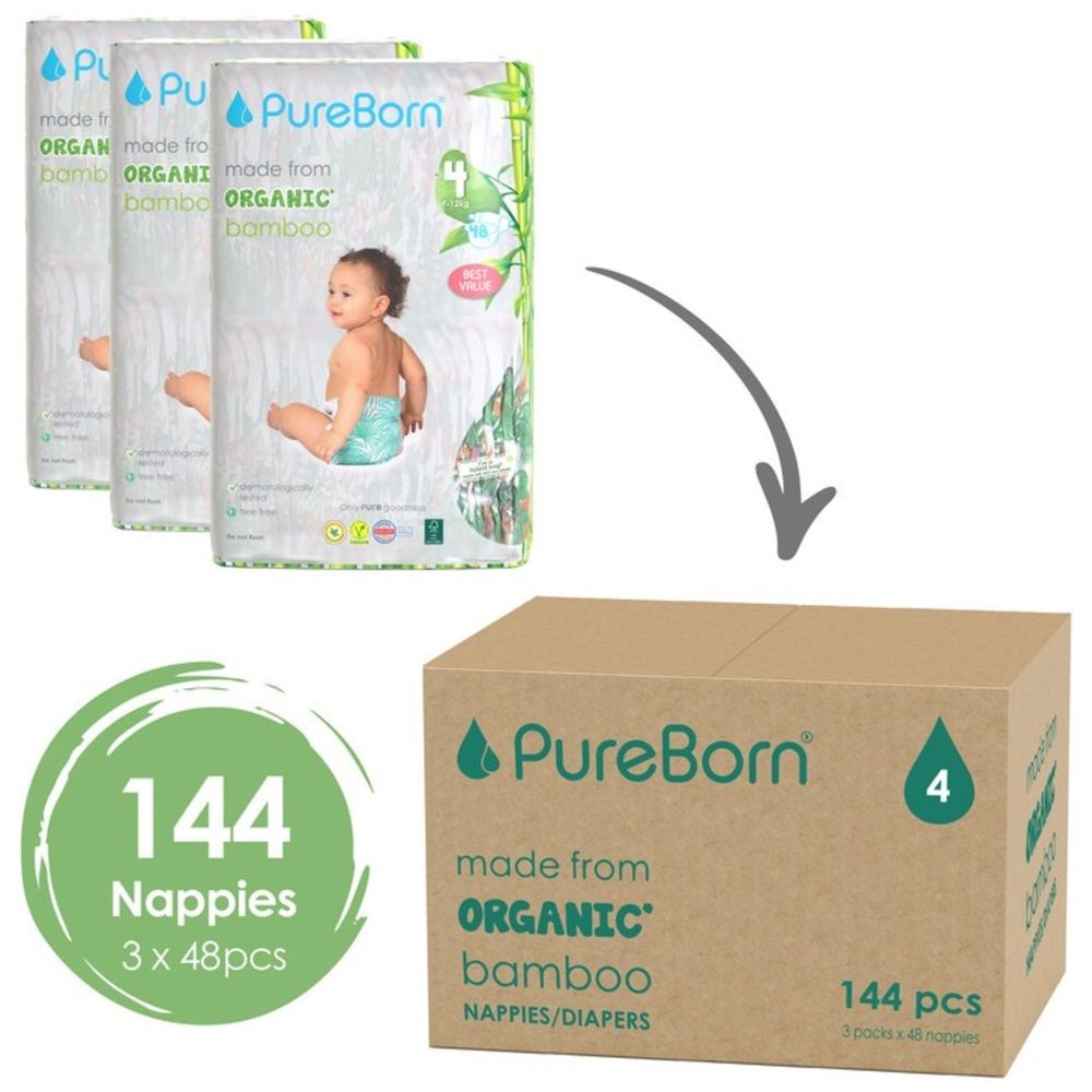 بيور بورن - حفاضات حجم 4 - 7-12 كلغ - 48 حفاض × 3 عبوات - قد يختلف اللون