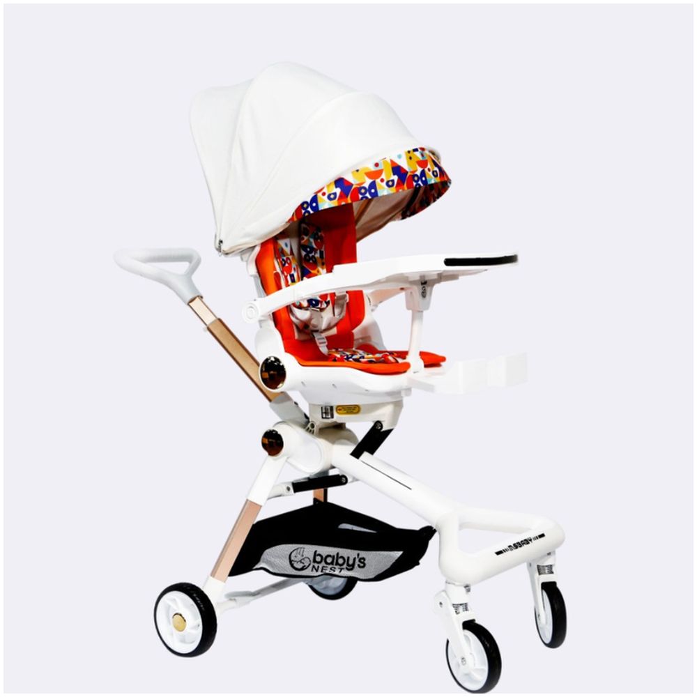 Baby's Nest - 2-In-1 Swivel Baby Stroller - White With Orange