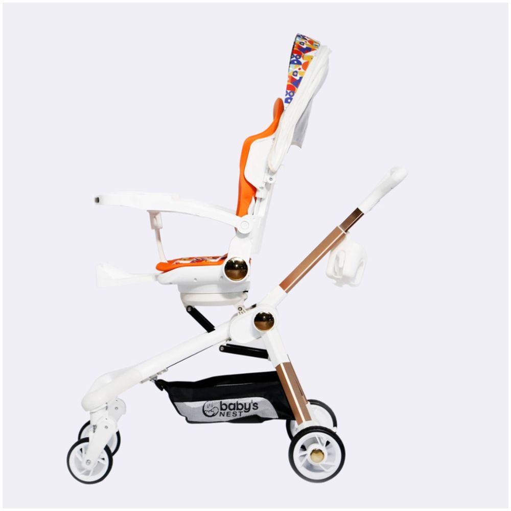Baby's Nest - 2-In-1 Swivel Baby Stroller - White With Orange