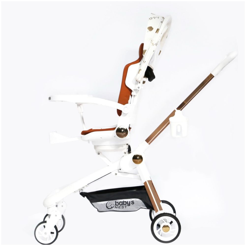 Baby's Nest - 2-In-1 Swivel Baby Stroller - White With Brown