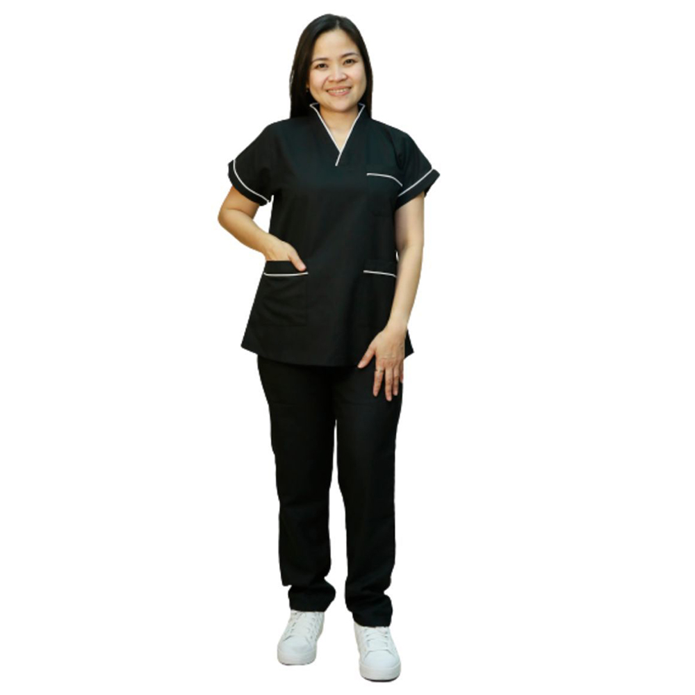 Veronica - 2pc-Set - Scrub Uniform With Piping Neckline - Black