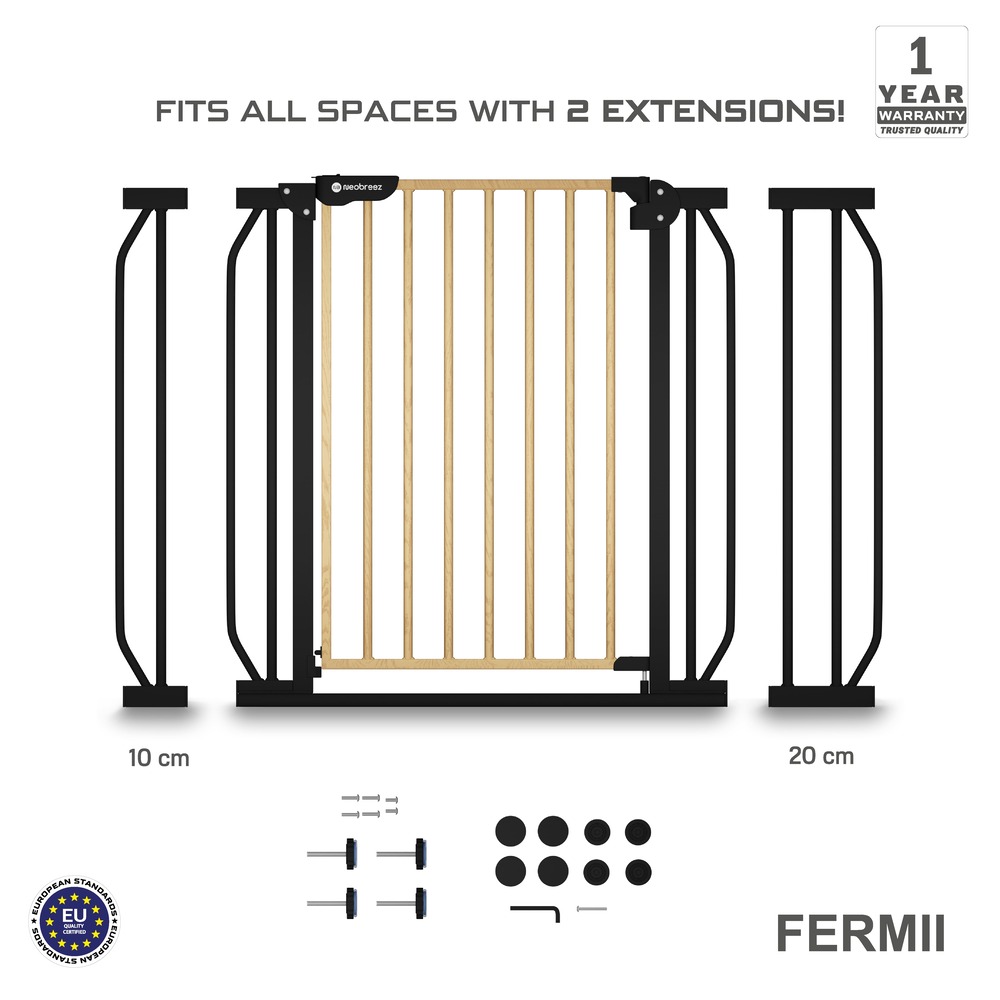 Neobreez FERMII Autoclose Safety Gate W/10 & 20cm Ext, 75 to 85(up to 115 cm) - Black