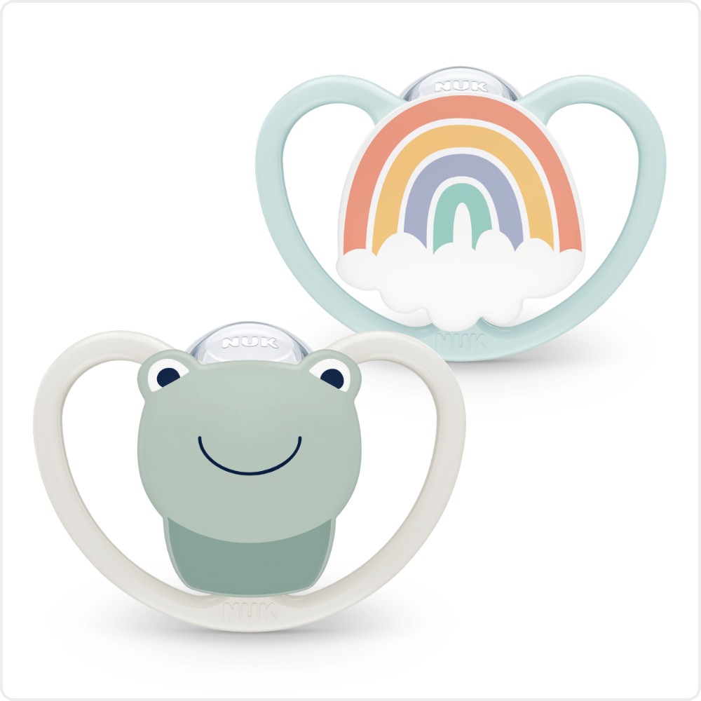 NUK - Animals Space Silicone Soother 0-6m 2pc - Elephant & Rainbow