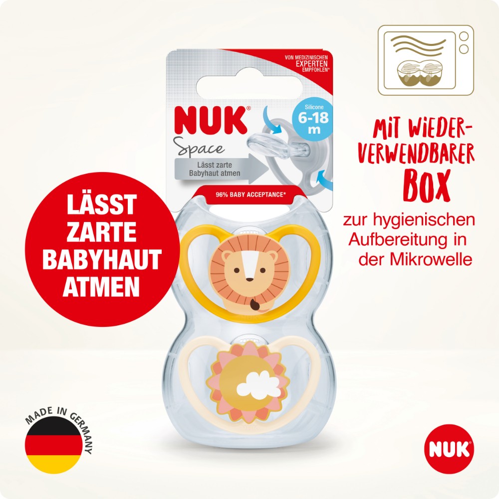 NUK - Animals Space Silicone Soother 6-18m 2pc - Lion & Sun