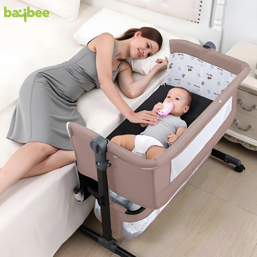 Baybee - 3-In-1 Foldable Bedside Crib With Wheels - Beige
