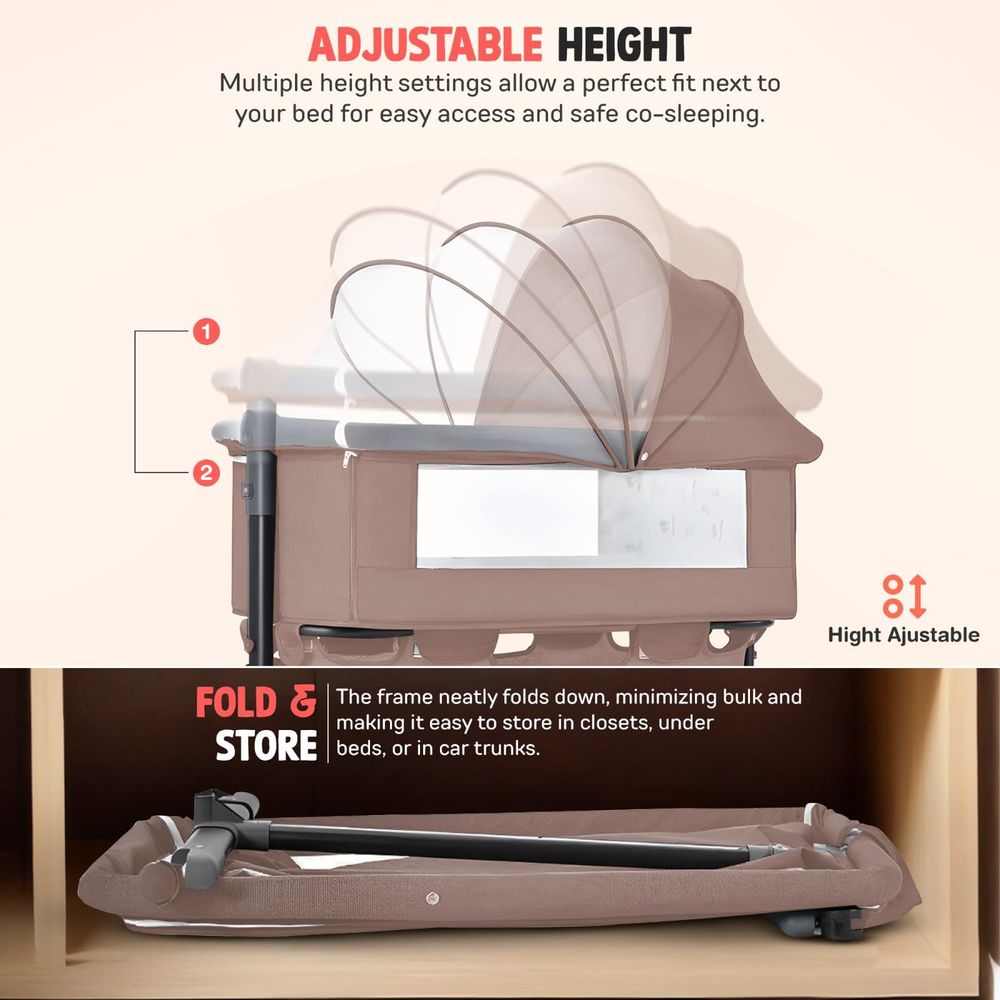 Baybee - 3-In-1 Foldable Bedside Crib With Wheels - Beige