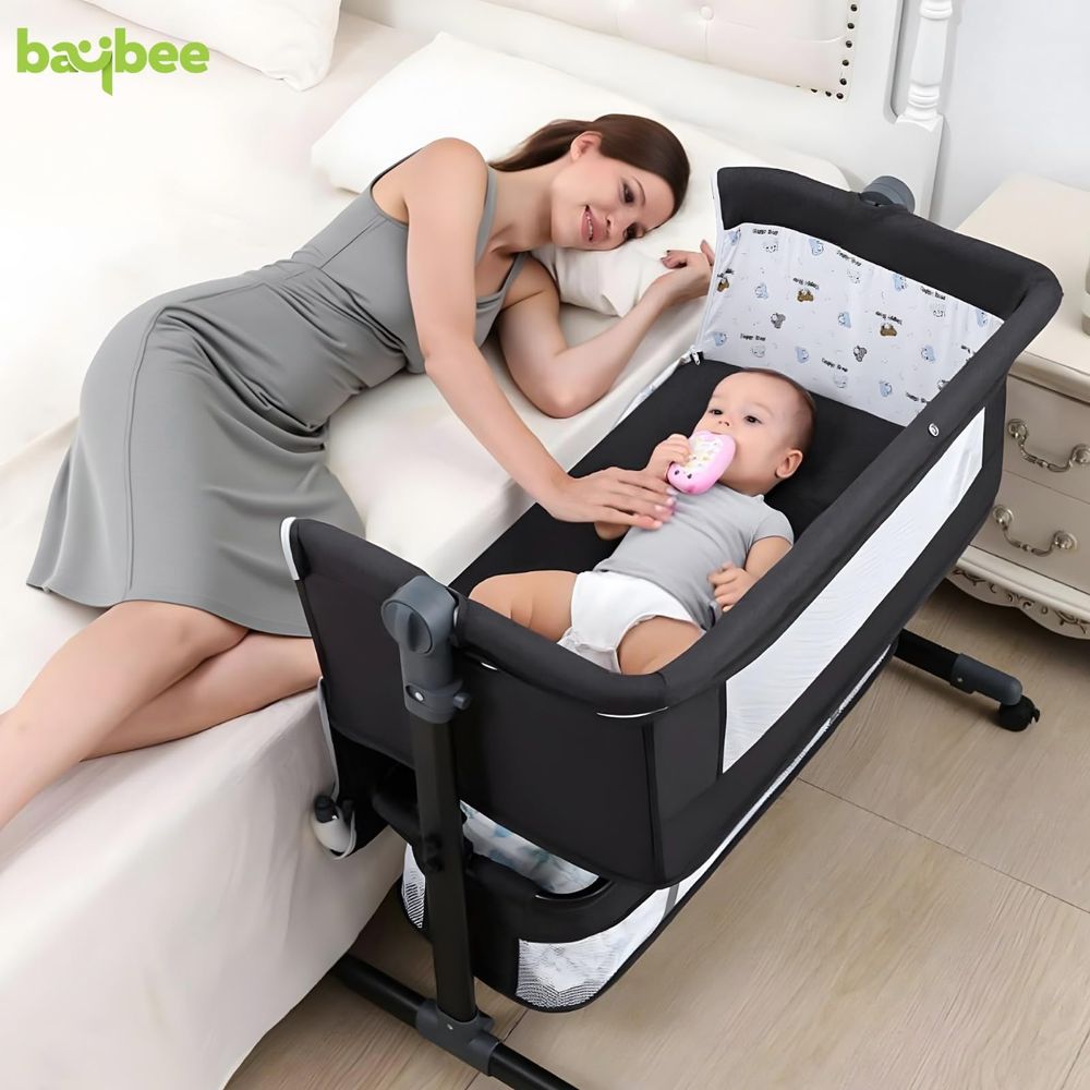 Baybee - 3-In-1 Foldable Bedside Crib With Wheels - Grey