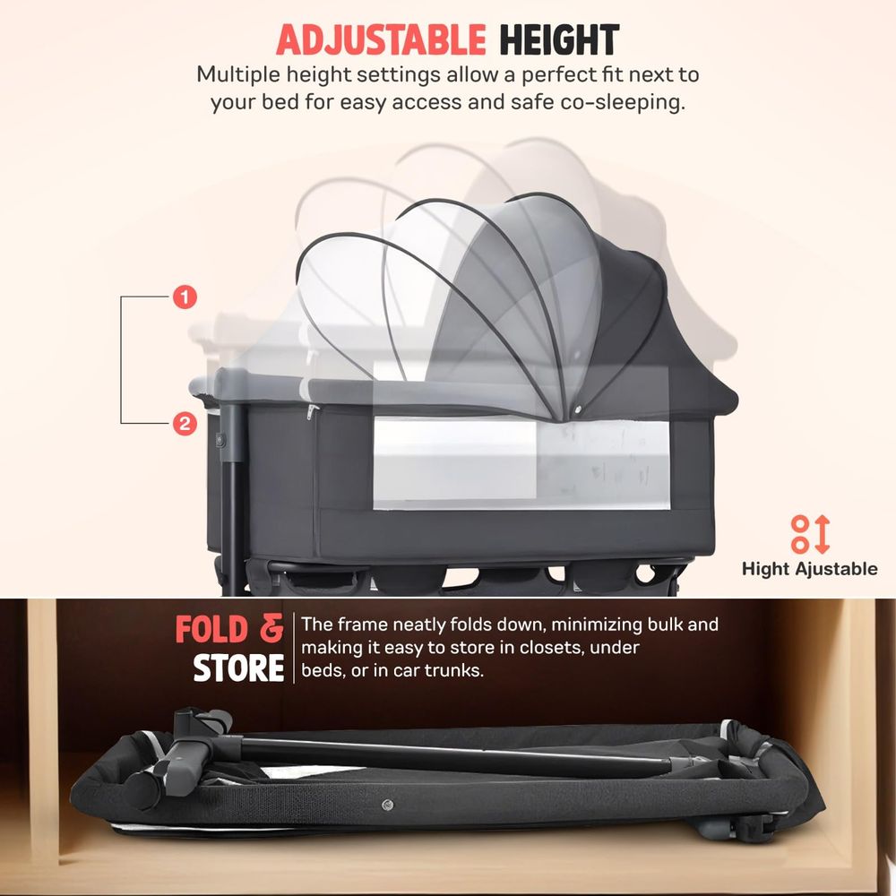 Baybee - 3-In-1 Foldable Bedside Crib With Wheels - Grey