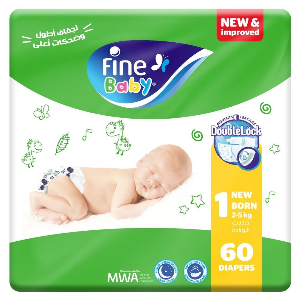 Fine Baby - Baby Diapers - Size 1 - Medium - 2-5 kg - Pack of 3 - 180 Pcs