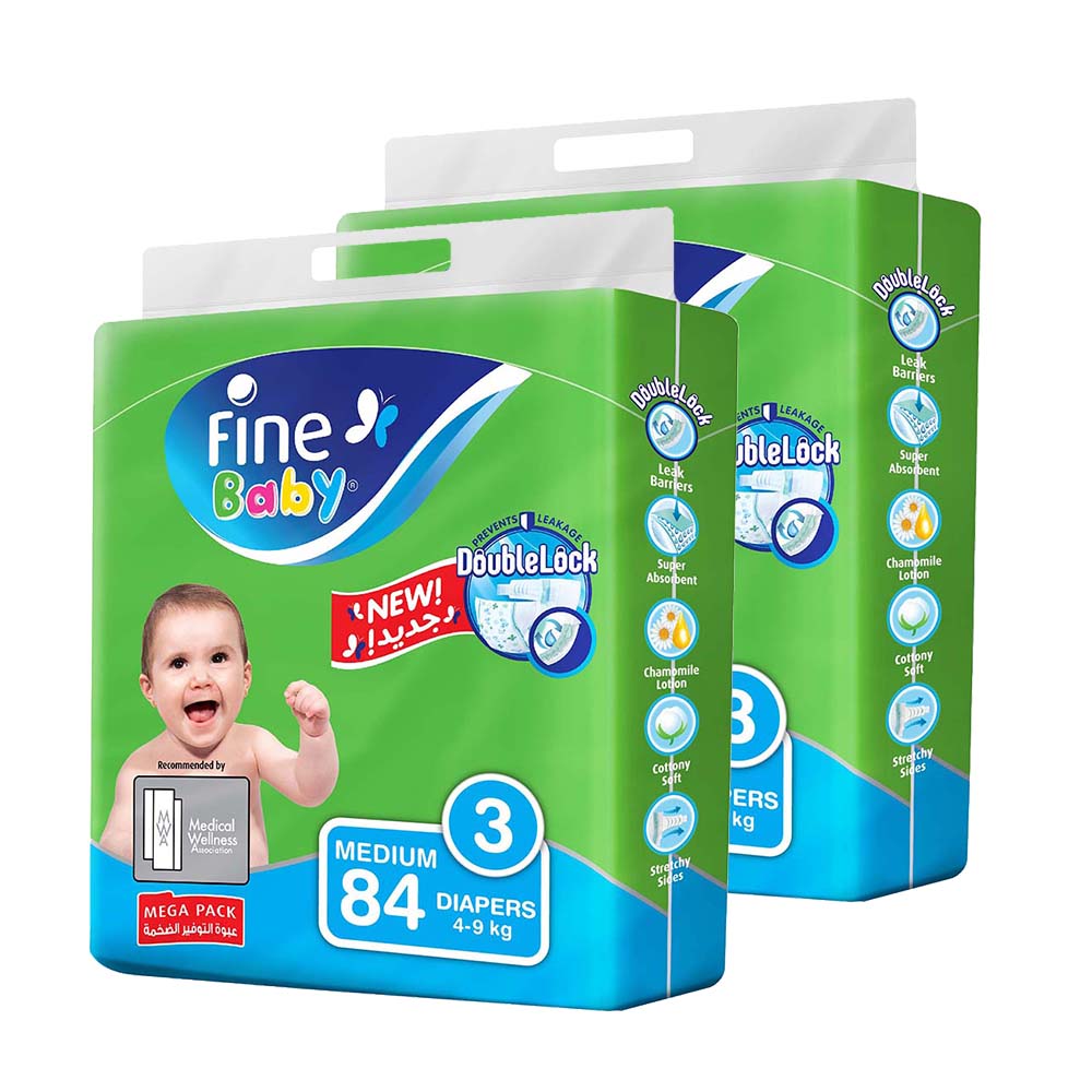 Fine Baby - Baby Diapers - Size 3 - Medium - 4-9 kg - Pack of 2 - 168 Pcs