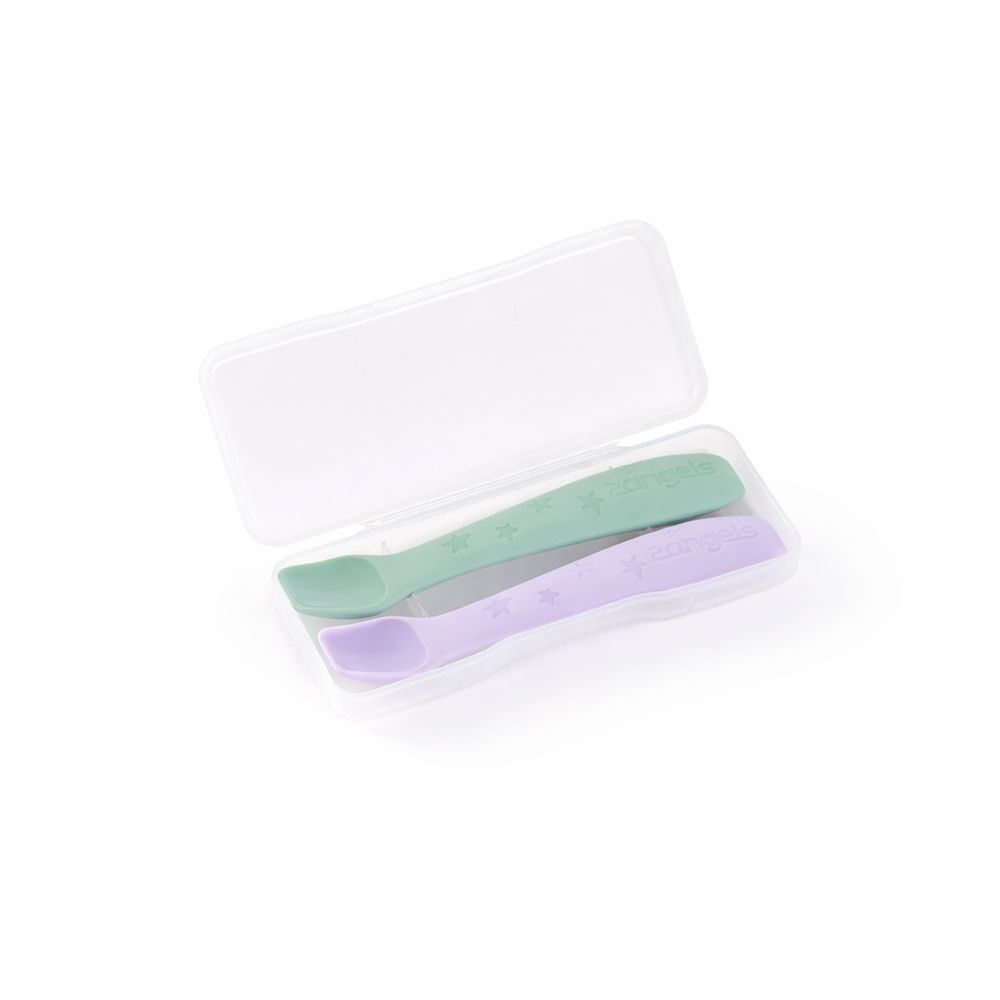 2angels - 2-Pack Silicone Spoons with Travel Case And 2 in 1 Silicone Plate - Summer Leaf/Latte