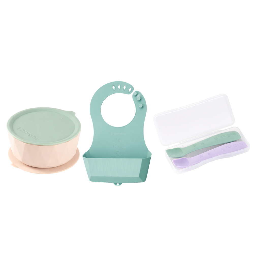 2angels - Silicone Suction Bowl with Lid, 2-Pack Spoons with Travel Case And Foldable Silicone Bib - Summer Leaf