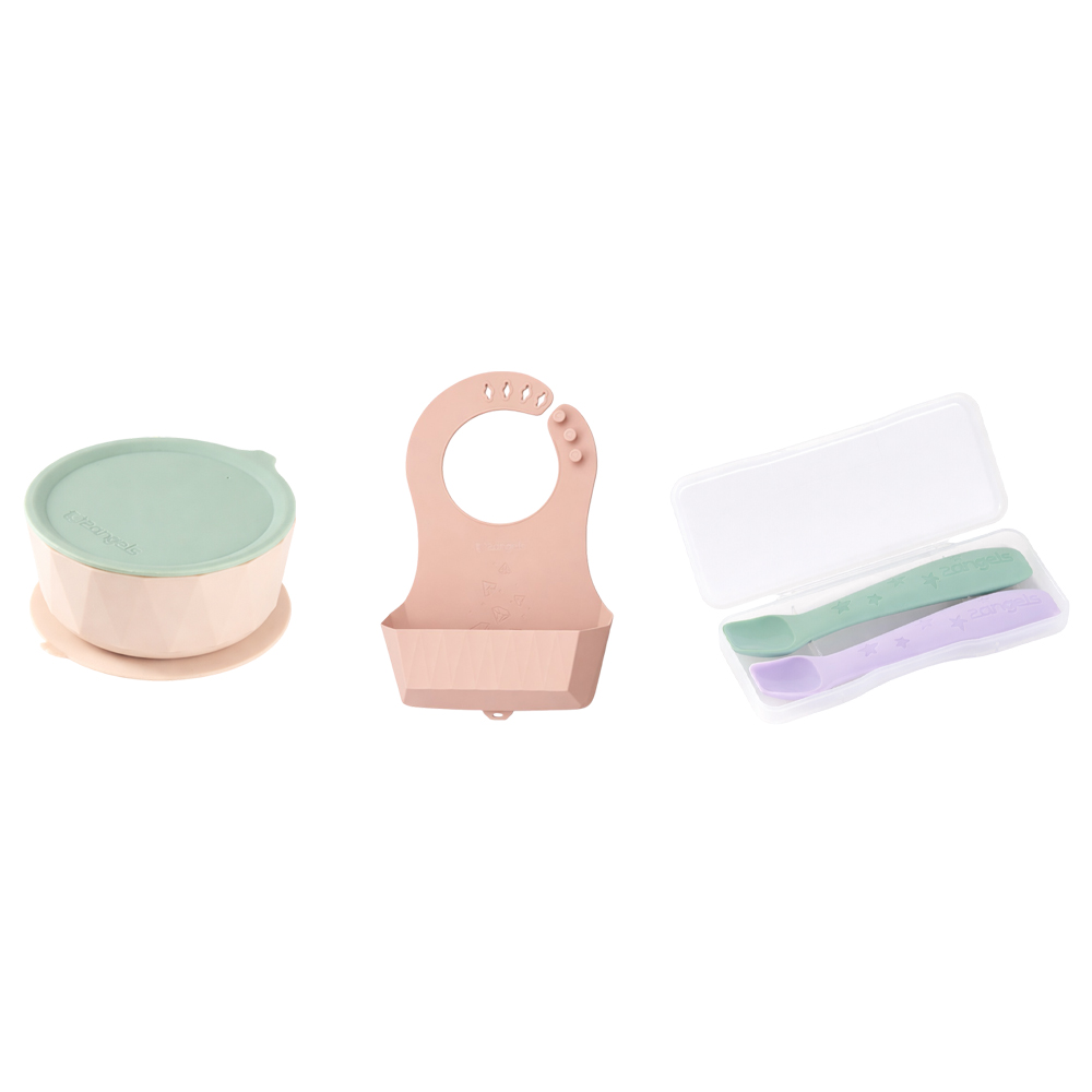 2angels - Silicone Suction Bowl with Lid, 2-Pack Spoons with Travel Case And Foldable Silicone Bib - Latte