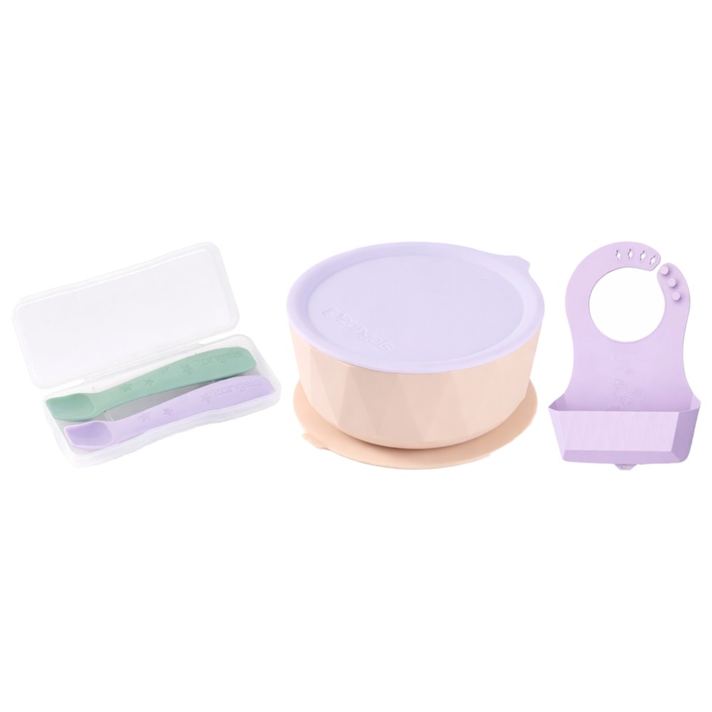 2angels - Silicone Suction Bowl with Lid, 2-Pack Spoons with Travel Case And Foldable Silicone Bib - Lavender