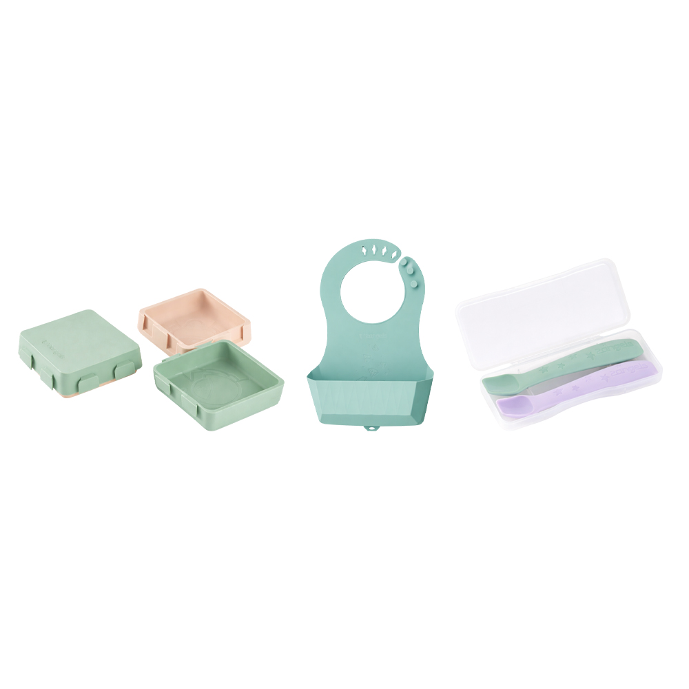 2angels - 2-Pack Silicone Spoons with Travel Case With 2 in 1 Silicone Plate And Foldable Silicone Bib - Summer Leaf