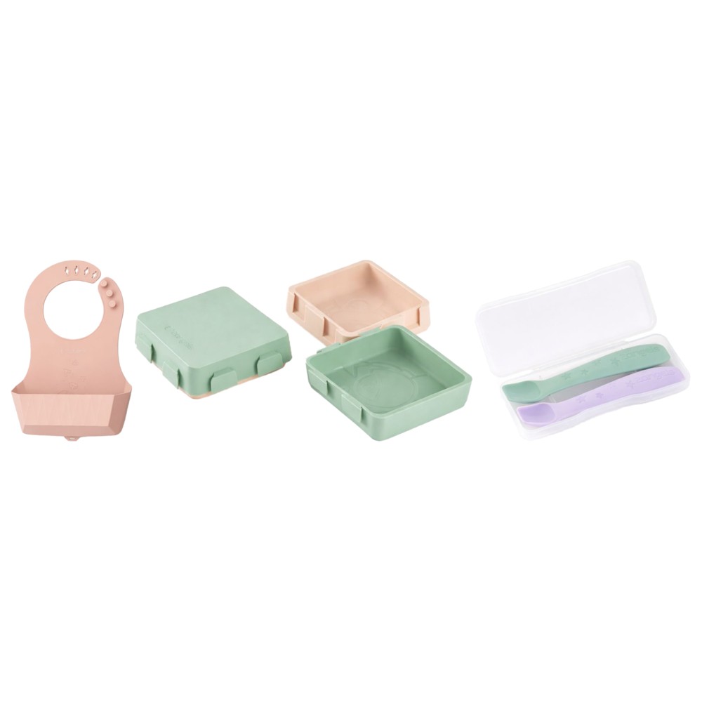 2angels - 2-Pack Silicone Spoons with Travel Case With 2 in 1 Silicone Plate And Foldable Silicone Bib - Latte