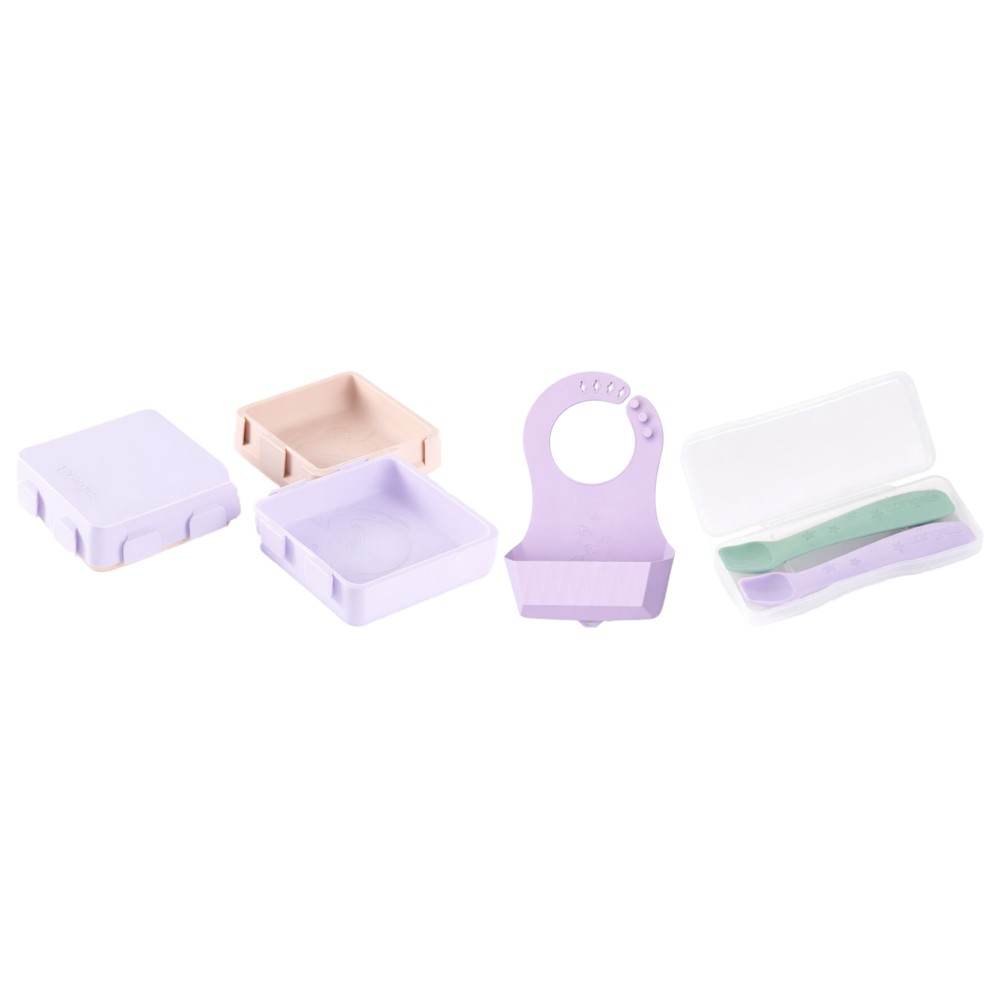 2angels - 2-Pack Silicone Spoons with Travel Case With 2 in 1 Silicone Plate And Foldable Silicone Bib - Lavender