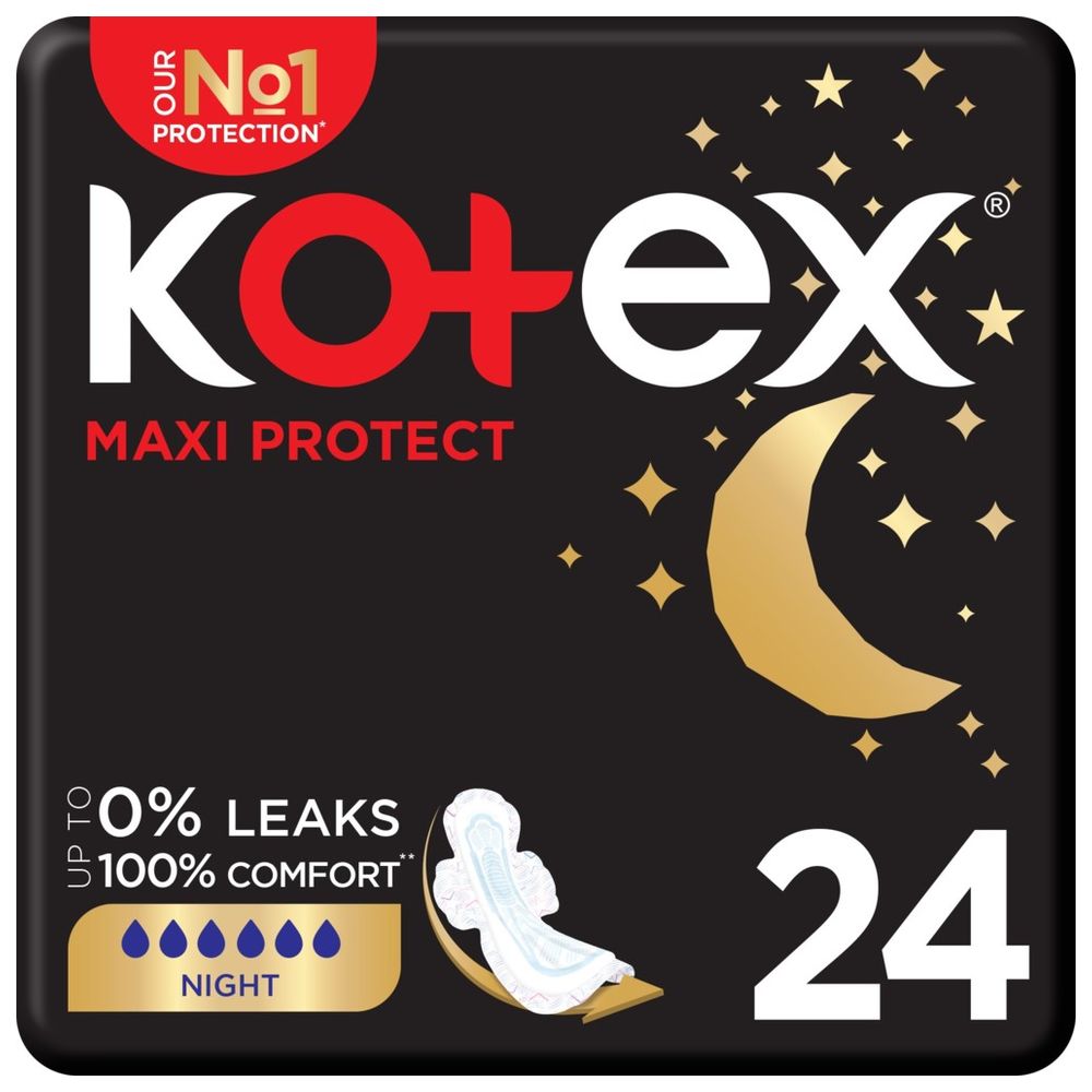 Kotex - Maxi Protect Thick Pads, Overnight Protection Sanitary Pads with Wings, 24 Sanitary Pads